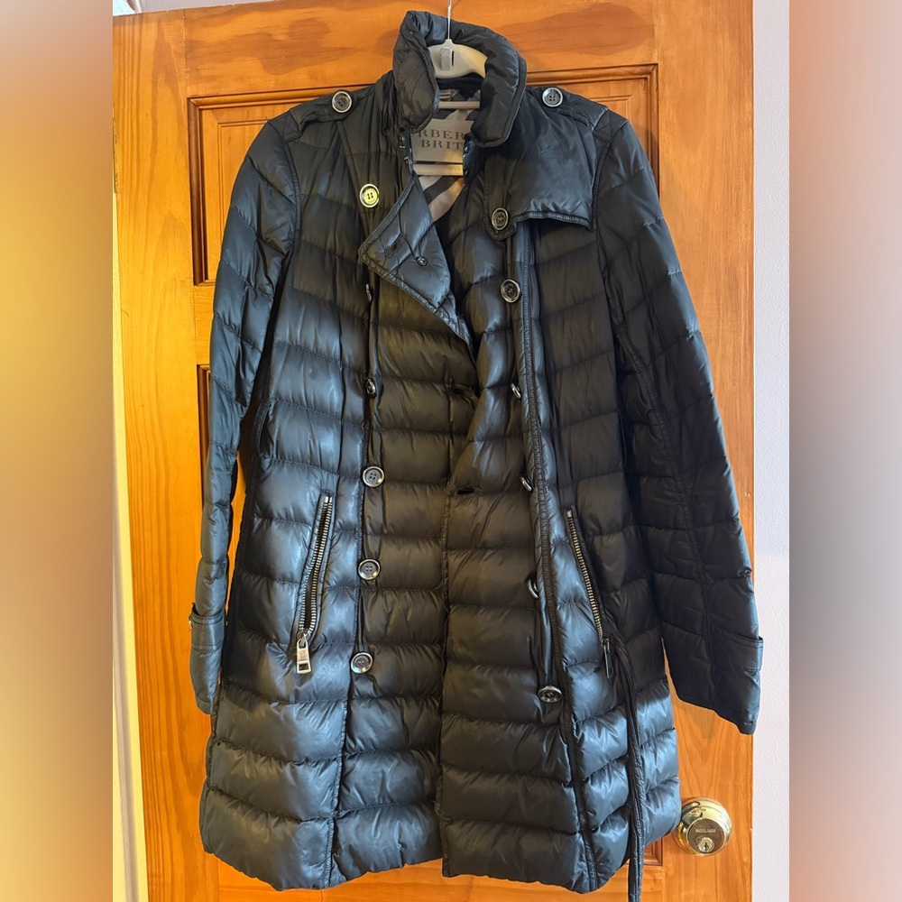Burberry Black Puffer Coat Size M Tie-waist with Detachable Hood